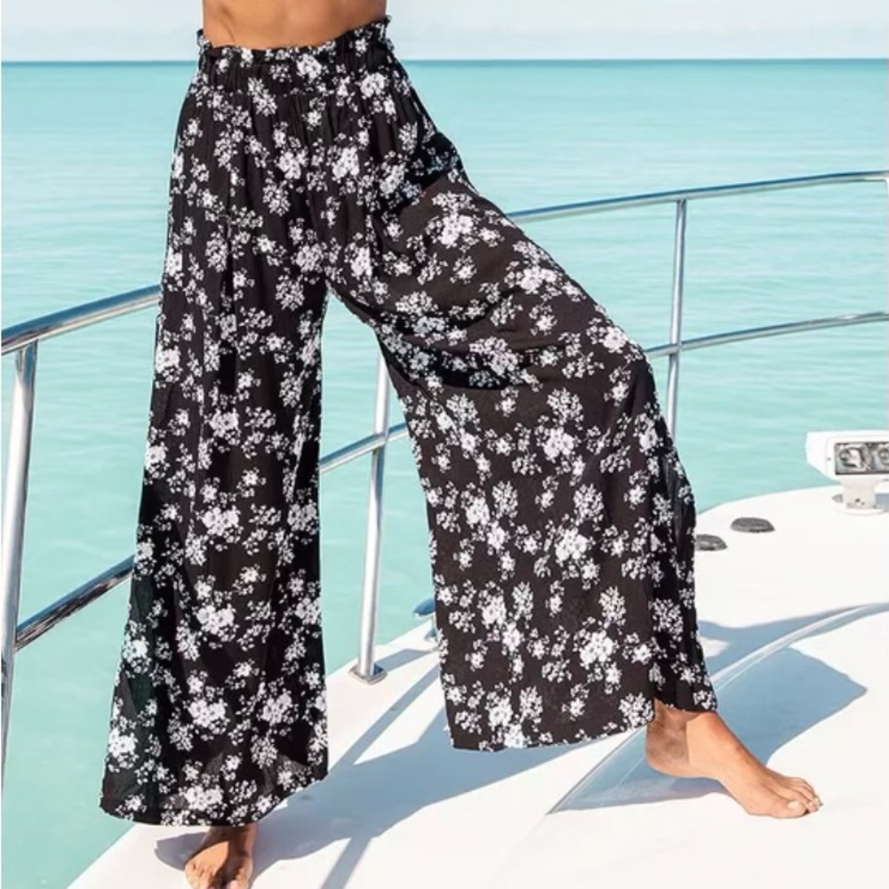 Floral Black and White Wide-Leg Pants